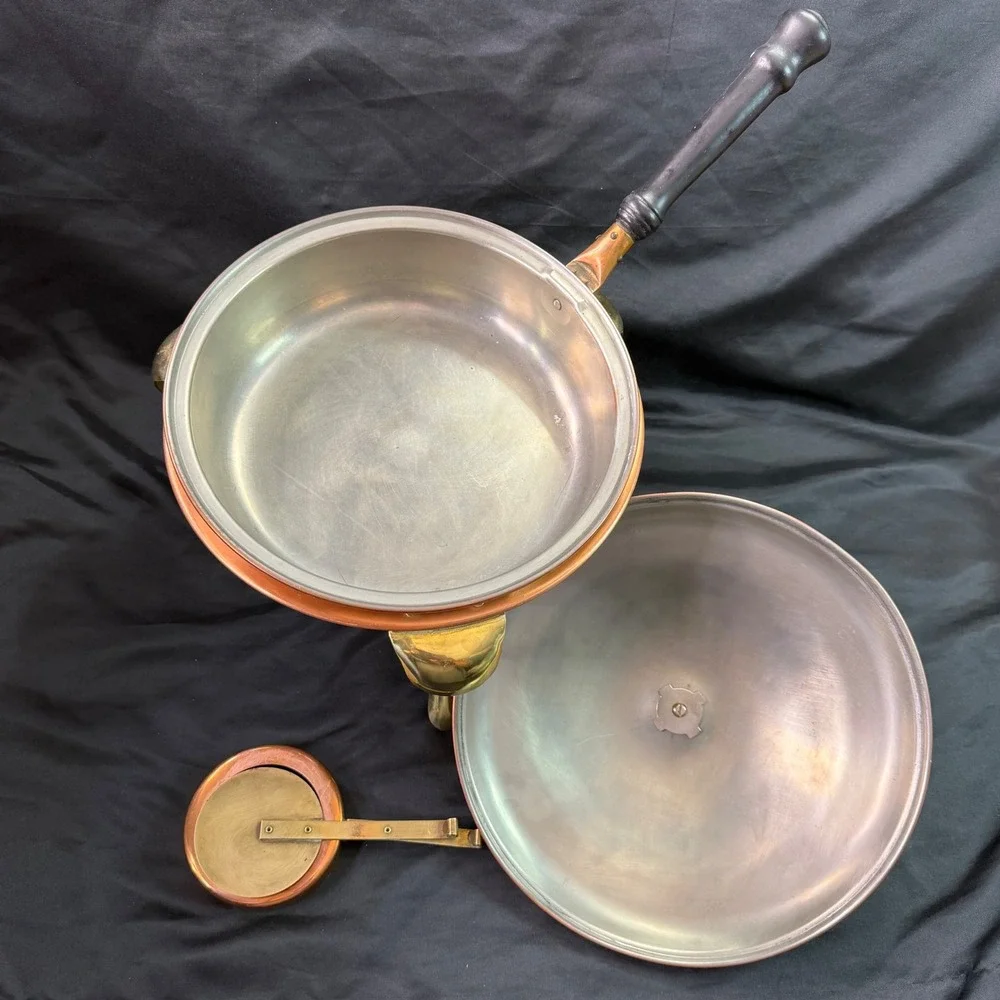 Vintage Copper Chafing Dish Set with Brass Stand and Wooden Handle